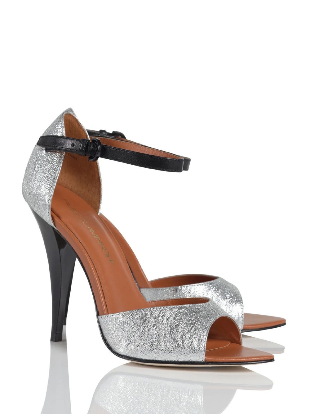 Rebecca Minkoff Ellie heels with a silver metallic finish